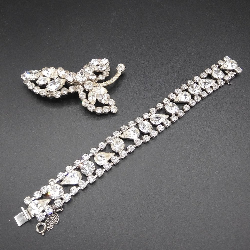 Vintage Rhinestone Bracelet Brooch Set